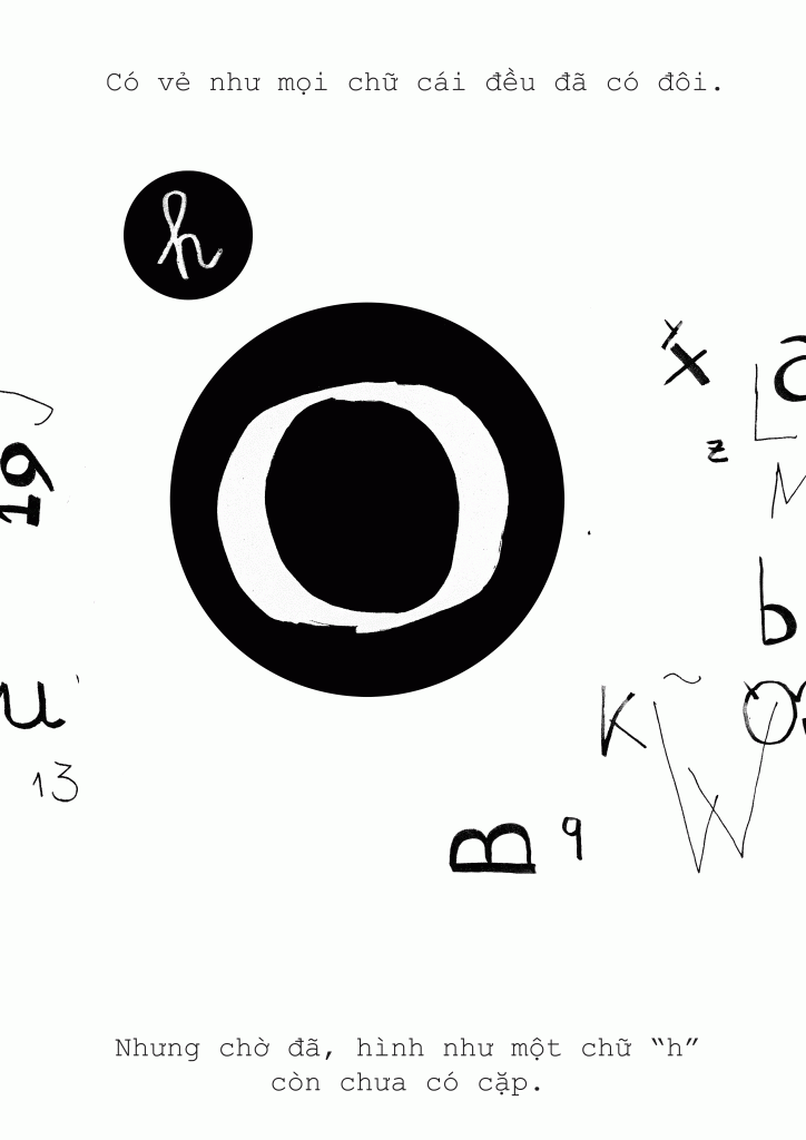 All the letters seemed to be in pairs already. But wait. The letter “h” was alone too.