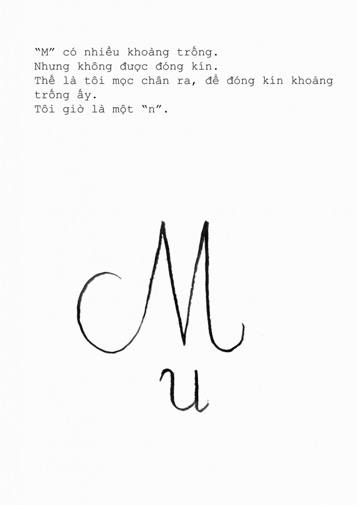 “M” had a lot of space. But she was not closed. So I grew out legs, to close up that space. Now I was an “n”.