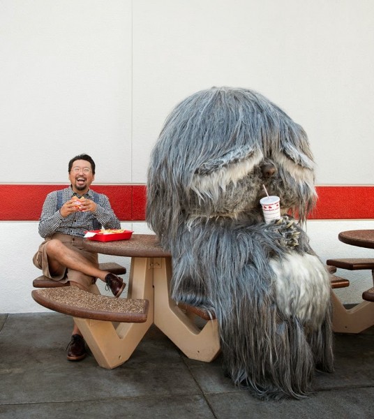 Japanese Artist Takashi Murakami on his US film tour with one of his creatures